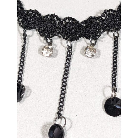 Silver Tone Black Crochet Crystal Charm Choker Necklace 16 in Gothic Retro - Picture 4 of 8